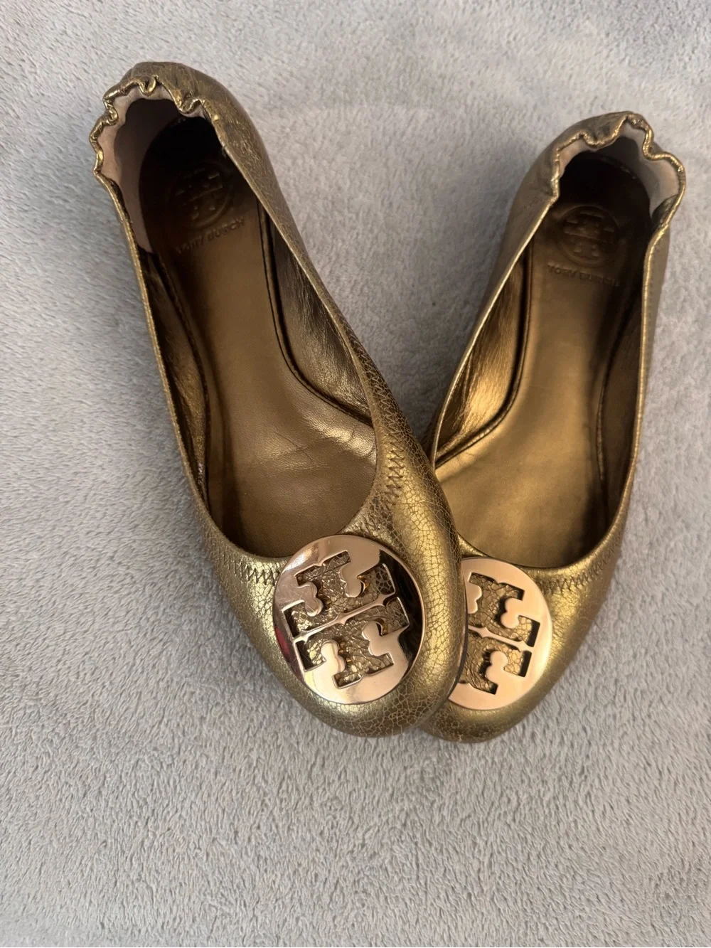 Tory Burch Metallic Gold Logo Ballet Flats
